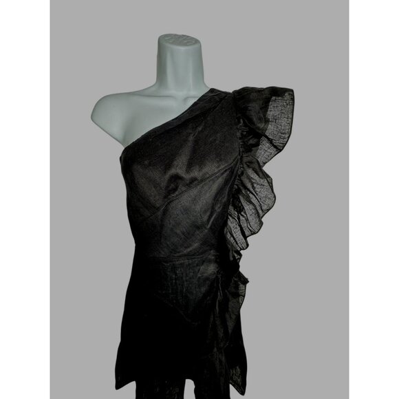 Isabel Marant Étoile Teller Dress Black Linen One Shoulder Ruffle Size 34 US 2 - Picture 5 of 10